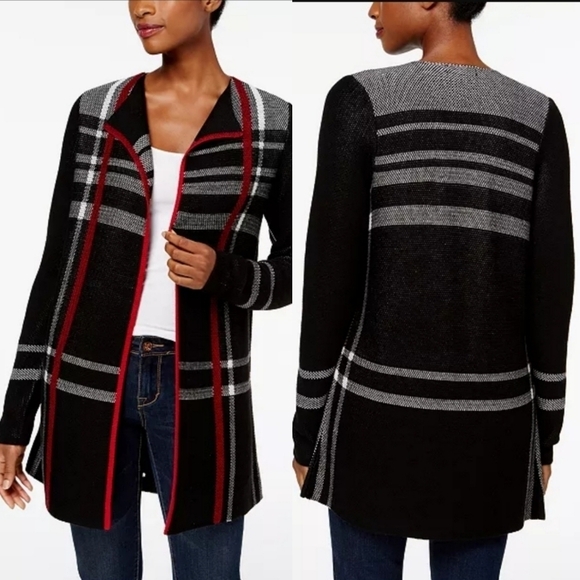 Charter Club Plaid Duster Cardigan in Black - PL - Picture 1 of 11